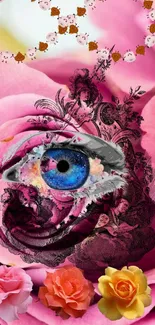 Artistic wallpaper with a blue eye on a pink floral background.