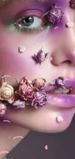 Artistic floral face wallpaper with purple hues.