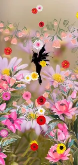 Vibrant floral wallpaper with fairy silhouette and colorful blossoms.