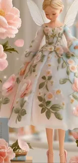 Delicate floral fairy in pink dress with whimsical wings.