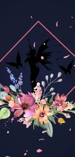 Fairy silhouette with vivid floral accents and midnight blue backdrop.