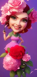 Animated character with pink roses on a purple background.