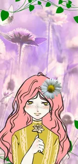 Anime girl with pink hair surrounded by purple flowers and green leaves.