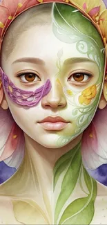 Colorful floral fantasy art design wallpaper featuring a uniquely painted face.