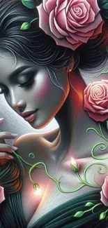 Artistic floral wallpaper with roses and elegant woman.