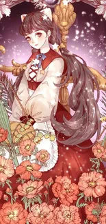 Anime character in a floral fantasy art wallpaper with a dusty rose theme.