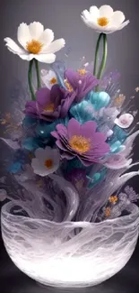 Vibrant purple flowers in a white vase with delicate blossoms.