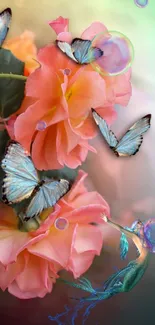 Floral fantasy wallpaper with butterflies and a fairy in coral tones.