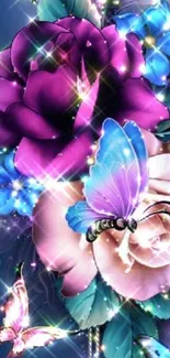 Vibrant floral wallpaper with butterflies.