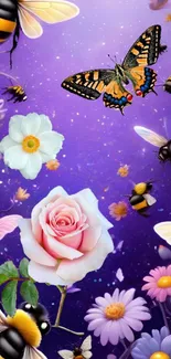 Magical wallpaper with flowers, butterflies, and bees on a purple background.