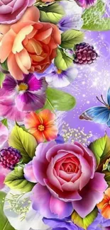 Vibrant floral wallpaper with butterfly on lavender background.