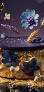 Artistic floral fantasy cake with blue flowers and vibrant decorations.