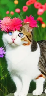 Whimsical cat with colorful flowers in a vibrant garden setting.