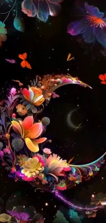 Enchanting floral crescent with vibrant flowers and butterflies on a black background.