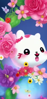 Cartoon creature surrounded by pink flowers on a mobile wallpaper.