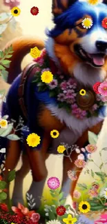 Happy dog in a colorful floral landscape mobile wallpaper.