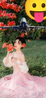 Woman in flowing pink dress surrounded by flowers with whimsical elements.