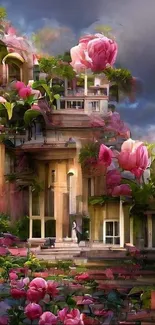 A dreamy mobile wallpaper with vibrant pink flowers and an artistic architectural blend.