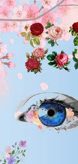 Artistic wallpaper with flowers and a blue eye on a sky blue background.