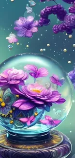 Vibrant purple flowers inside glass sphere.