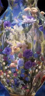 Artistic wallpaper of flowers and butterflies in a glass vase.