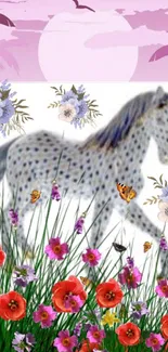 Fantasy horse in a floral field under a pink sky.