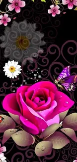 Vibrant floral wallpaper with pink rose and butterfly on a black background.