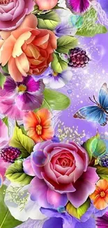 Vibrant floral wallpaper with roses and a butterfly.