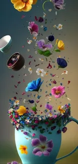 Whimsical floral wallpaper with colorful flowers and floating petals in teal cup.