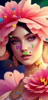 A woman adorned with pink flower petals in a colorful, artistic portrait wallpaper.