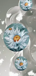 Elegant mobile wallpaper with white daisies and butterflies in teal hues.