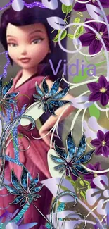 Enchanting purple floral fantasy wallpaper with elegant figure.