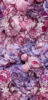 Pink and purple floral wallpaper with intricate designs.