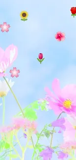 Vibrant floral wallpaper with colorful flowers and blue sky background.