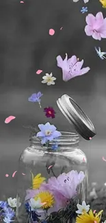 Colorful flowers overflow from a jar with a blurred background.