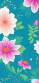 Pink and white flowers on turquoise background wallpaper.