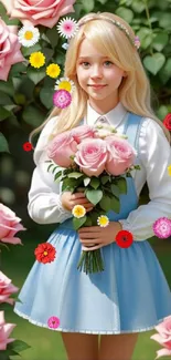 Young girl with flowers surrounded by pink roses in a garden setting.