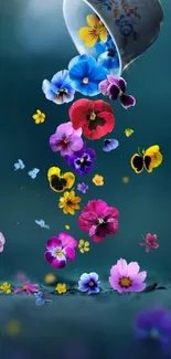 Colorful flowers pouring from a cup in a surreal mobile wallpaper.