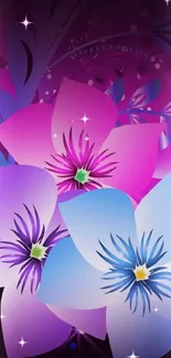 Vibrant pink, purple, and blue floral wallpaper.