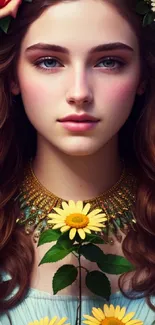 Young woman with floral crown and daisy necklace in serene portrait.