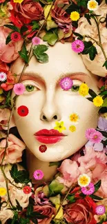 Face surrounded by colorful flowers on a mobile wallpaper.