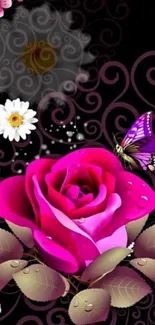 Vibrant wallpaper with pink rose, butterflies, and floral accents.