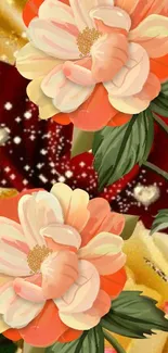 Floral wallpaper with orange and pink flowers on a red and gold background.