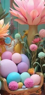 Artistic floral arrangement with pastel colors and spheres.