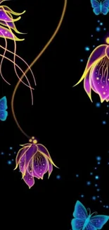 Neon floral wallpaper with glowing butterflies on a dark background.