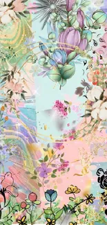 Floral pastel wallpaper with whimsical garden design.