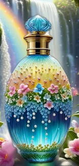 Elegant floral perfume bottle with pearls and vibrant background.