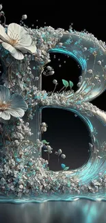 Cyan floral wallpaper with artistic design.