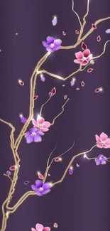 Purple floral wallpaper with pink and purple blossoms on golden branches.