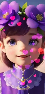 Animated girl with purple flowers in fantasy wallpaper.